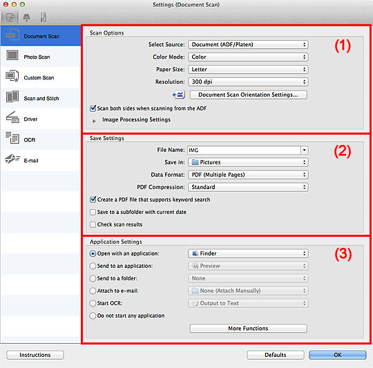 IJ Scan Utility (Mac) - Settings (Document Scan) Dialog