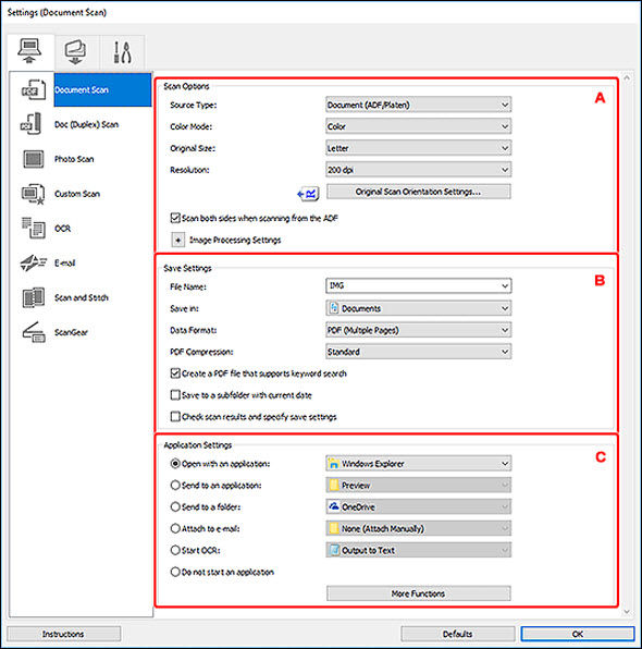 IJ Scan Utility (Windows) - Settings (Document Scan) Dialog Box - GX7020