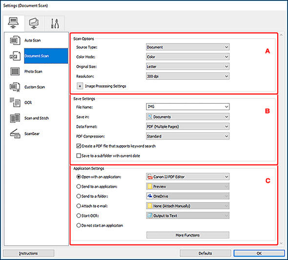 IJ Scan Utility (Windows) - Settings (Document Scan) Dialog Box