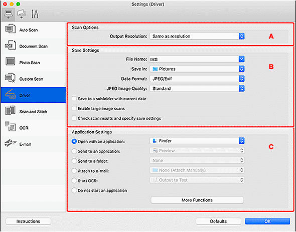 IJ Scan Utility Lite (macOS) - Settings (Driver) Dialog - GX6020