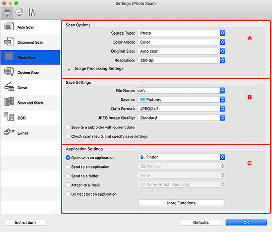 IJ Scan Utility Lite - Settings (Photo Scan) Dialog - TS8320
