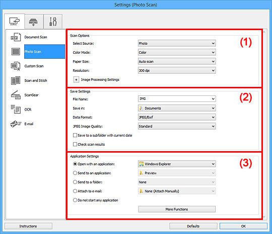 IJ Scan Utility (Windows) - Settings (Photo Scan) Dialog Box