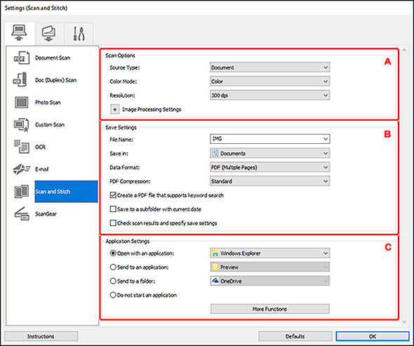 IJ Scan Utility (Windows) - Settings (Scan and Stitch) Dialog Box - GX7020