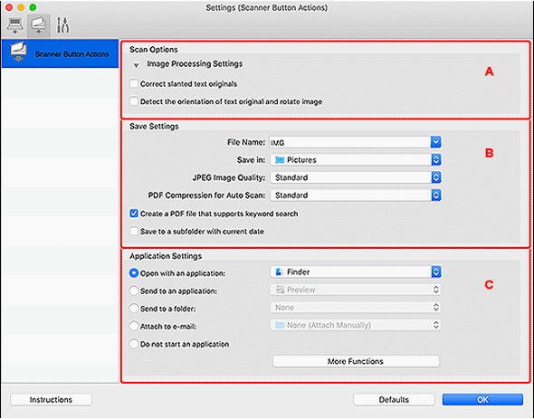 IJ Scan Utility Lite (macOS) - Settings (Scanner Button Actions) Dialog ...