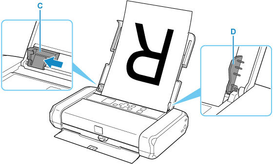 Figure: Paper guide (C) slid to left, shown in inset. Paper loaded against right side (D)