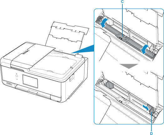 Slide right paper guide (D) to open both paper guides