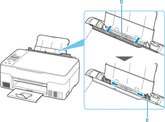 Slide the right paper guide (E) to open both paper guides