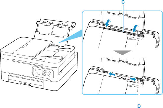 Slide the right paper guide (D) to open both paper guides