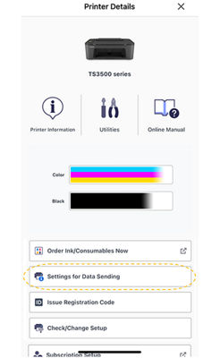 Printer setting menu in Print app with Web Service Usage Confirmation button highlighted