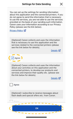 Web service usage terms of agreement with agree button highlighted