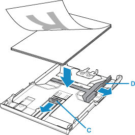 Paper guides in front (C) and on the right (D) shown being opened