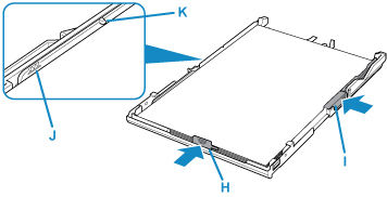 Figure shows paper guide (H) and (K) against side of paper stack, (J) the load limit mark, and (K) the tabs of the paper guides