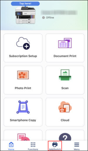 Register printer icon on main screen outlined in red