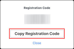 Tap Copy Registration Code (outlined in red)