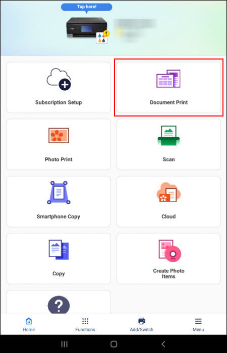 Tap Document Print (outlined in red)