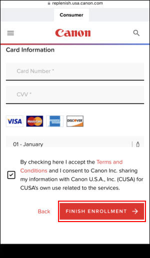 Provide the information requested, then tap Finish Enrollment (outlined in red)