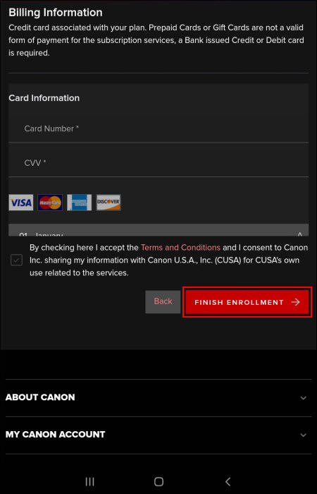 Provide the requested credit card information, then tap Finish Enrollment (outlined in red)