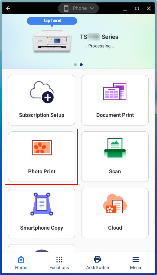 Tap or click Photo Print (outlined in red)