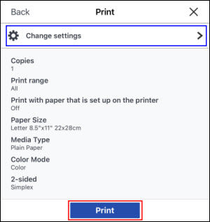 Tap Change settings (outlined in blue) if you want to change settings such as the number of copies to print, the print range, etc. Tap Print (outlined in red) when you want to print the document