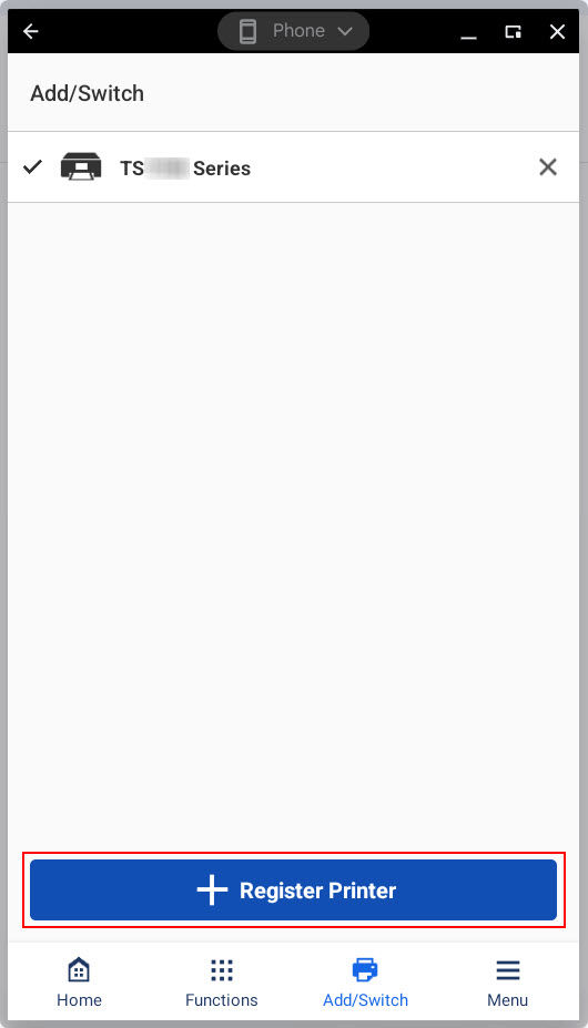 Figure: Tap or click Register Printer at the bottom of the screen (outlined in red)