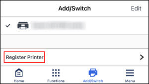 Figure: Tap Register Printer at the bottom of the screen (outlined in red)