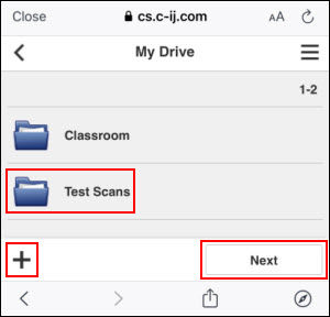 Tap a folder where you want the scanned image to save (outlined in red), otherwise, tap Next (outlined in red). To create a folder to save your scanned image to, tap the plus sign (outlined in red)