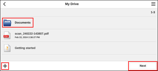 Select a folder where you want the scanned image to save (outlined in red), otherwise, select Next (outlined in red). To create a folder to save your scanned image to, select the plus sign (outlined in red)