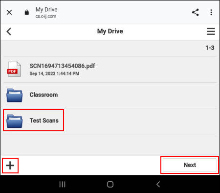 Tap a folder where you want the scanned image to save (outlined in red), otherwise, tap Next (outlined in red). To create a folder to save your scanned image to, tap the plus sign (outlined in red)