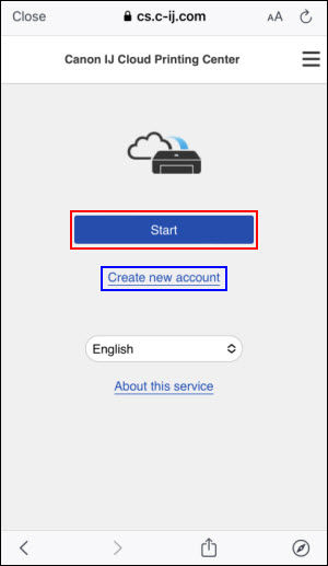 Tap Start (outlined in red) or Create new account (outlined in blue)