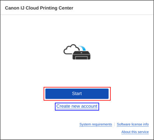 Select Start (outlined in red) or Create new account (outlined in blue)