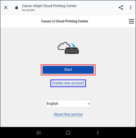 Tap Start (outlined in red) or Create new account (outlined in blue)