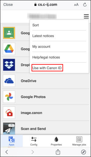 Tap Use with Canon ID (outlined in red)