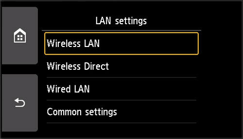 LAN settings screen: Select Wireless LAN