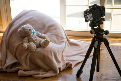 Photo of a camera on a tripod facing a teddy bear