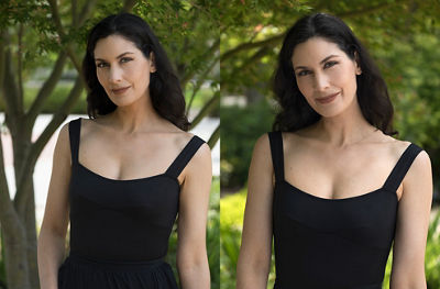 Two photos of a lady (one on the right is cropped)