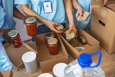 A group of people serving food.