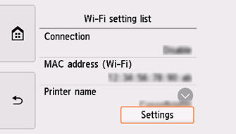 Wi-Fi setting list screen: Select Settings