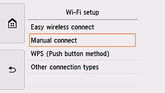 Wi-Fi setup screen: Select Manual connect