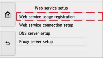 Web service setup menu with "Web service usage registration" highlighted