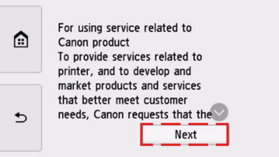 Printer manu terms of use with next button highlighted