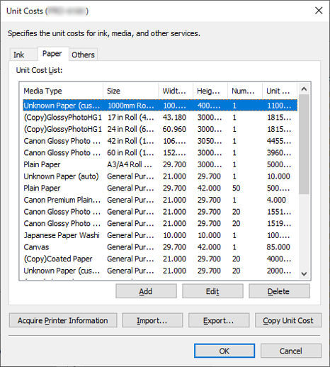 Accounting Manager - Unit Costs Dialog Box (Windows)