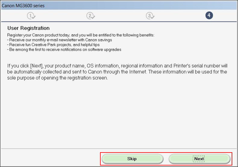 Select Skip or Next (outlined in red)