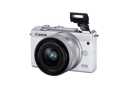 EOS M200 White Front Slant with Flash