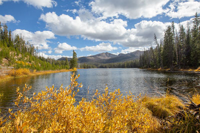 Photo of a lake with fall foliage.