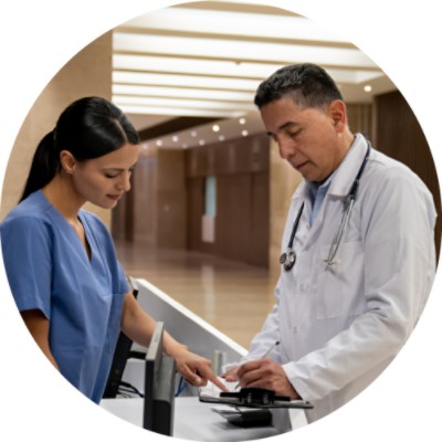 Doctor and Nurse pointing to clipboard