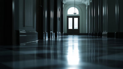 Abandoned government building with empty hallways and closed doors in dim natural light, symbolizing shutdown, 50mm f/1.8 shallow depth emphasizing silence and emptiness, minimalist documentary style.