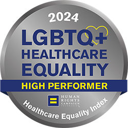 2024 LGBTQ+ Healthcare Equality High Performing Hospital. Indicates safe, affirming care for all.