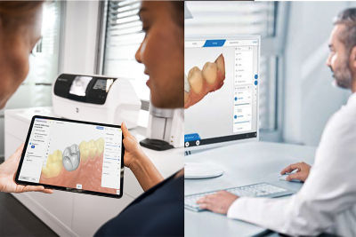 Clinician designing a dental restoration using CEREC Software and DS Core on a touchscreen workstation