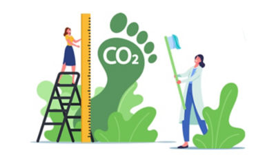 Cartoon of a woman on a ladder holding a tape measure, a footprint labelled CO2, and a dentist holding a large toothbrush.