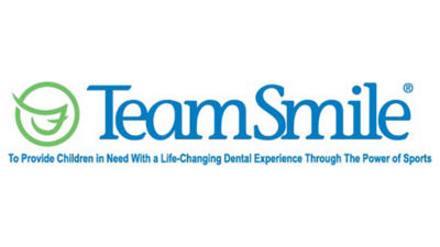 TeamSmile logo, featuring bold blue text and a tagline and a green favicon with a leaf motif.